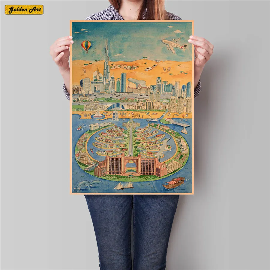 Постер путешествий в Дубае античная пейзажная живопись винтажная крафт-бумага