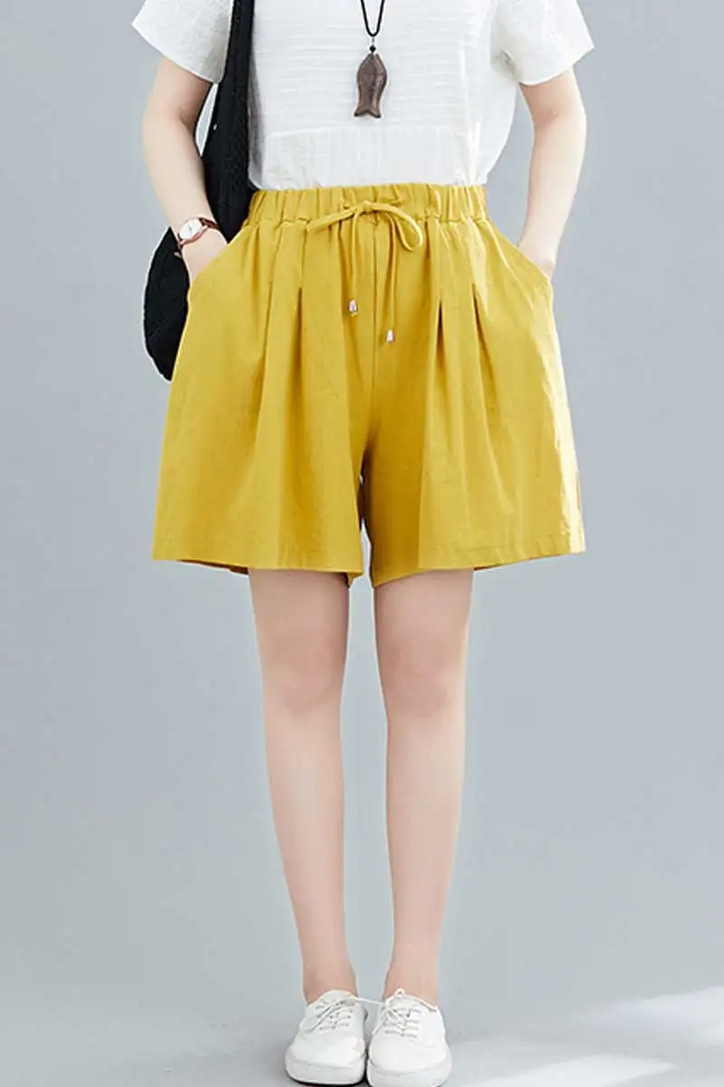 

Shorts pants Wide-Leg Vintage Pure color High-Waist Pockets Women Summer Sashes Loose trousers DM001