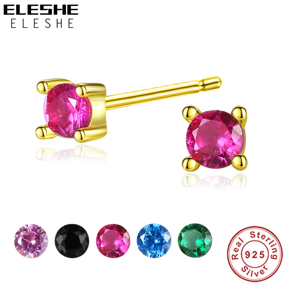 ELESHE, модные, 925 пробы, серебряные серьги, кубический цирконий, круглые, маленькие серьги-гвоздики для женщин, девушек, желтое золото, ювелирное изделие, подарок