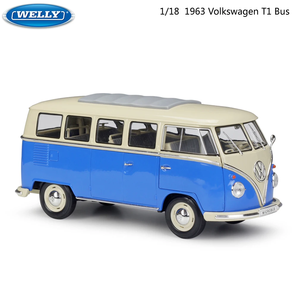 

WELLY литая модель автомобиля в масштабе 1:18, ретро-модель автомобиля 1963, автобус Volkswagen T1, металлический сплав, игрушечный автомобиль для детей,...