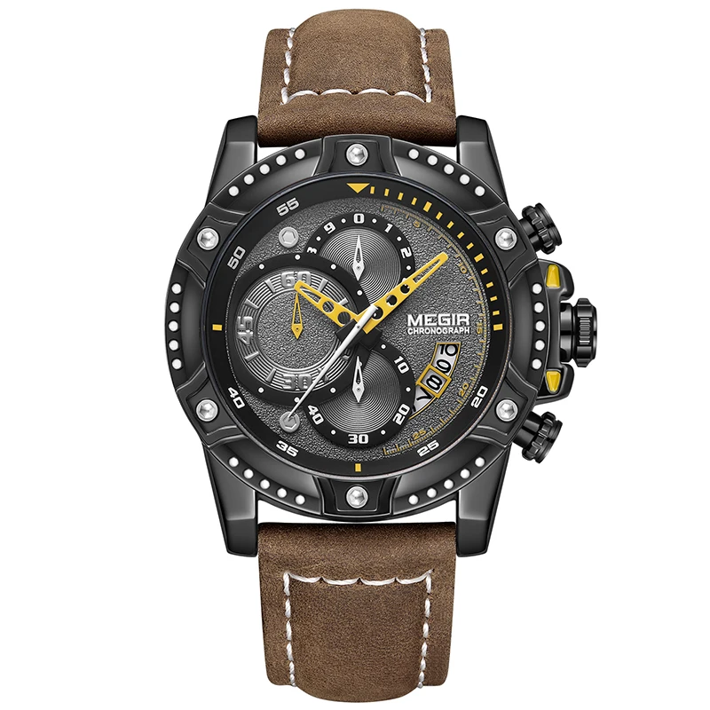 Часы MEGIR Мужские кварцевые с хронографом спортивные наручные кожаным ремешком