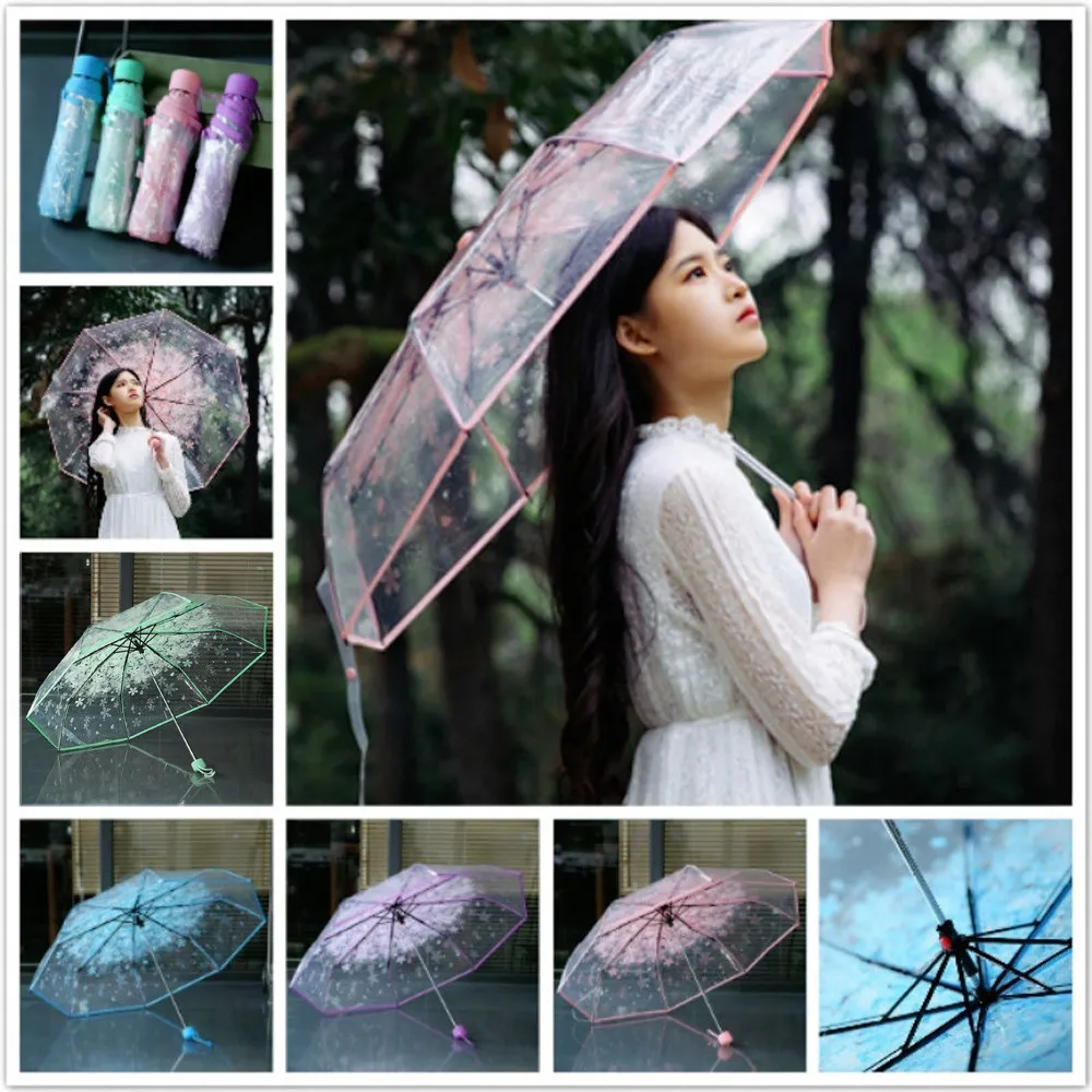 

Women's Umbrellas 3fold Sun Rain Clear Cherry Blossom Umbrellas Rain Tools Woman Flowers Transparent Umbrella For Female #695