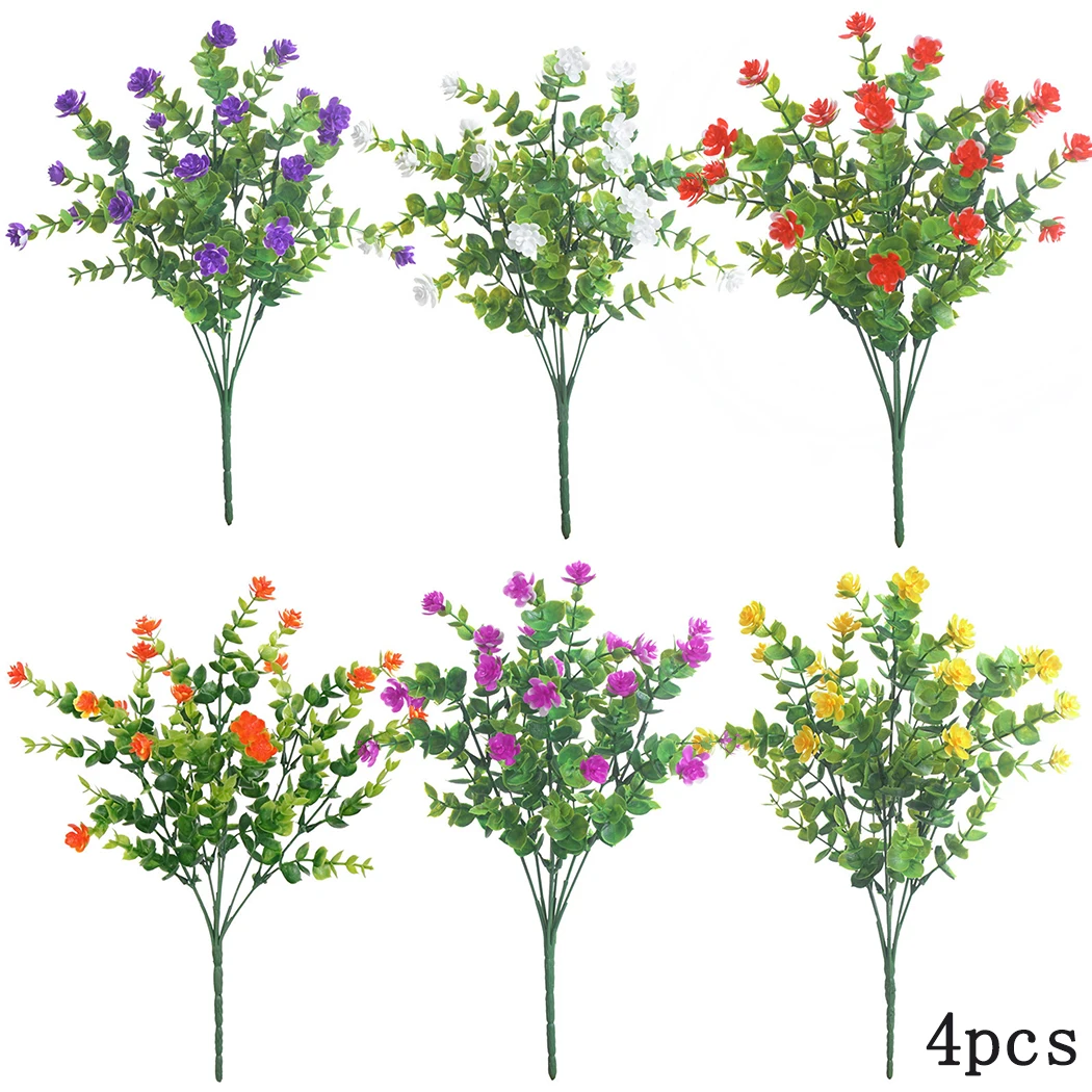 

4pcs Artificial Flowers Fake Outdoor Plants Anti-UV Home Garden Decoration 35Cm Plastic 7 Elastic Stems Dense Green Leaves