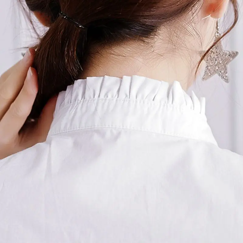 

Womens Wrinkled Ruffles Fake Stand Collar Basic Layering Pure White Sweater Accessory Autumn Detachable Half-Shirt