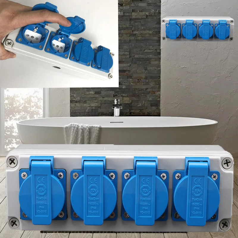 

IP44 розетка для ванной комнаты Водонепроницаемая наружная настенная розетка 250 В 16A четыре вилки немецкий стандартный электрический адаптер