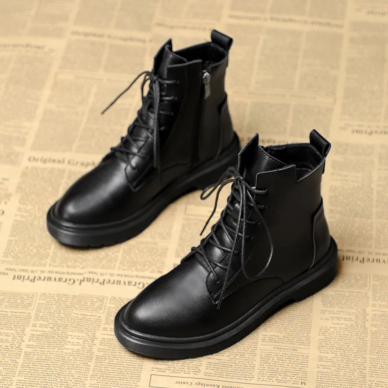 

women's casual soft leather boots black platform shoes autumn winter boot laides sweet ankle botas streetwear short bottes femme