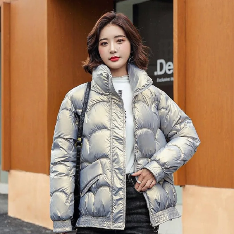 

Fashion Winter Jacket Thick Warm Short Parkas Women Winter Coat Elegant Shinny Cotton Stand Collar Jackets Female