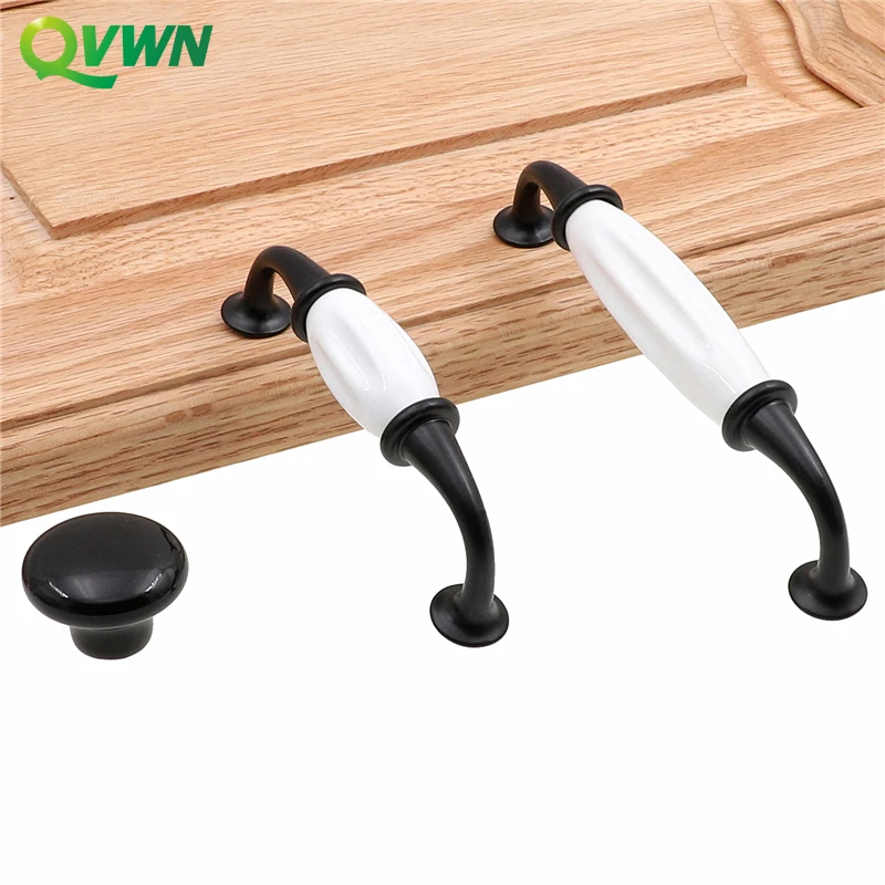 

QVWN Zinc Alloy Black/White Door Handles Country Style Ceramic Drawer Pulls Knob Kitchen Cabinet Handles And Knobs Furniture