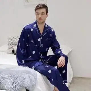 Blue men Женские пижамные комплекты, мягкая Сексуальная Шелковая пижама с принтом, пижама с длинным рукавом, Пижамный костюм из 2 предметов, осенняя домашняя одежда для пар - Цвет: Blue men