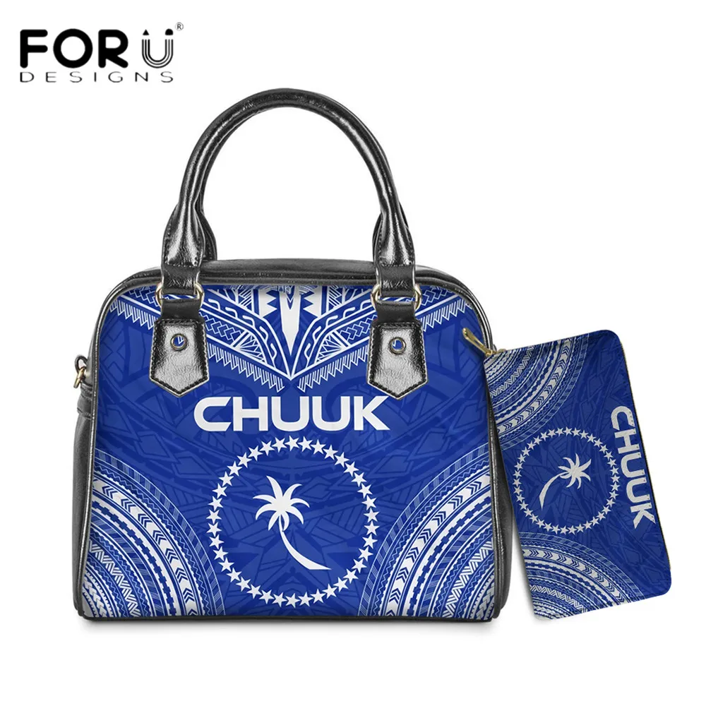 

FORUDESIGNS High Quality 2pcs Set Totes Bag And Purse Chuuk Polynesian Tribal Print PU Leather Party Casual Shoulder Sac A Main