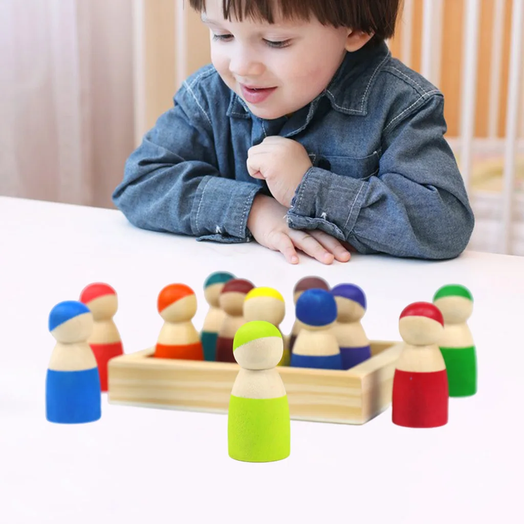 

Игрушка Монтессори, 12 шт., деревянные колышки радужных друзей для Кул, миниатюрные