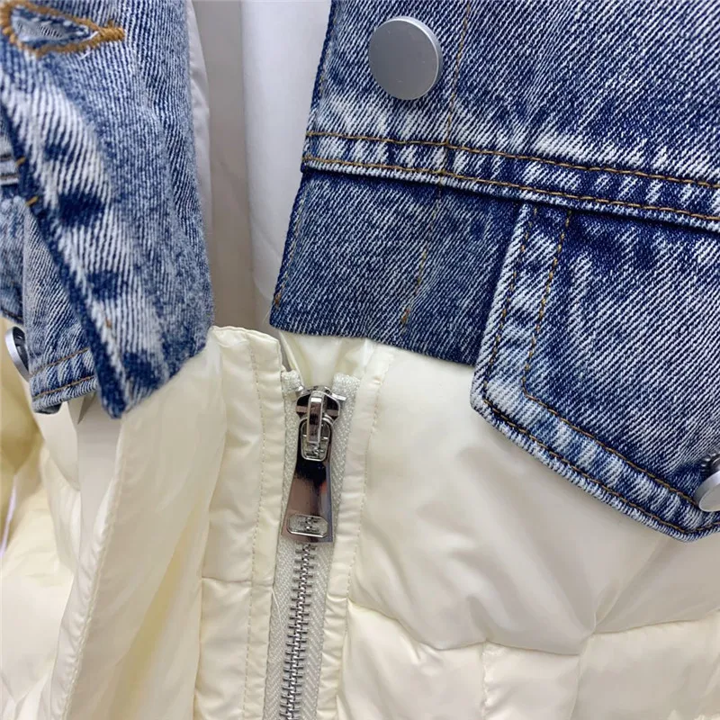INS net red same style down jacket women winter 2022 Korean version of loose denim stitching shiny mid-length down jacket Female