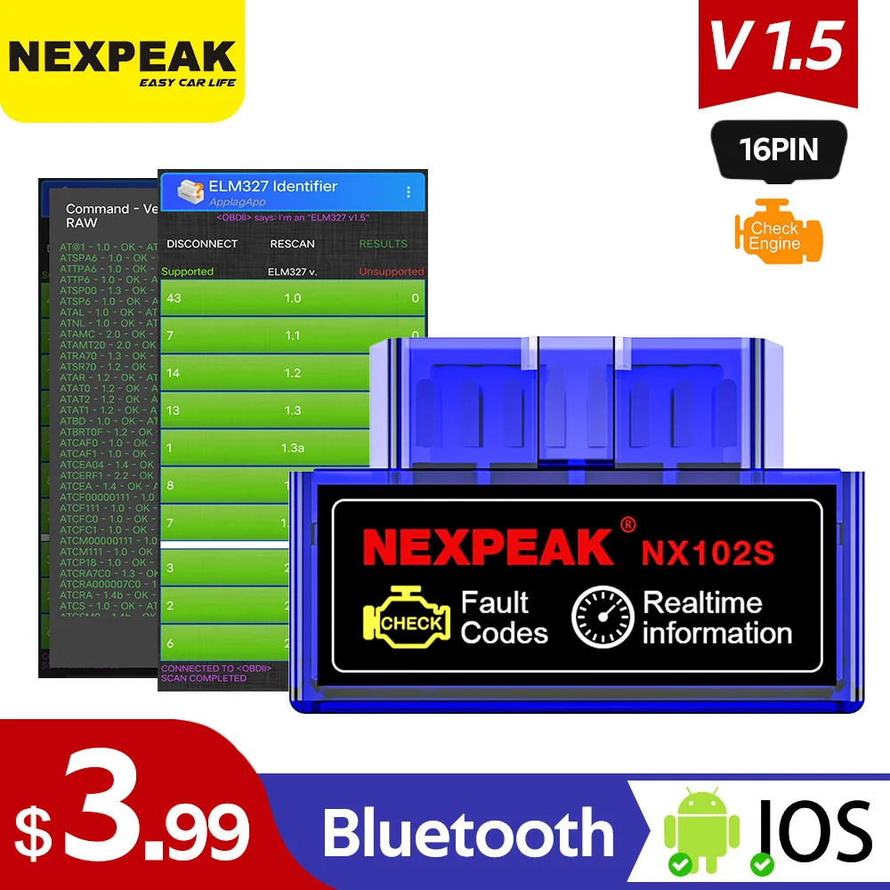 Диагностический сканер NEXPEAK NX102S ELM327 V1.5 OBD2 компактный автомобильный