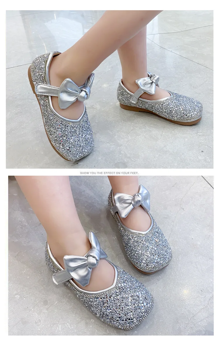 

Girls Princess Shoes 2021 Spring New Korean Version of Rhinestone Bow Soft Bottom Non-slip Leather Shoes
