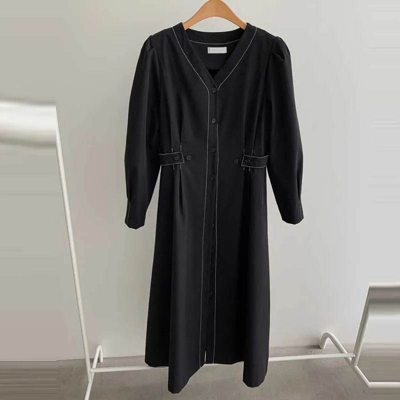 

Vintage Women'S V-Neck Single-Breasted Slim Dress Korea One-Piece Long Sleeve Lady Dresses 2020 Spring Autumn New Fashion Dress