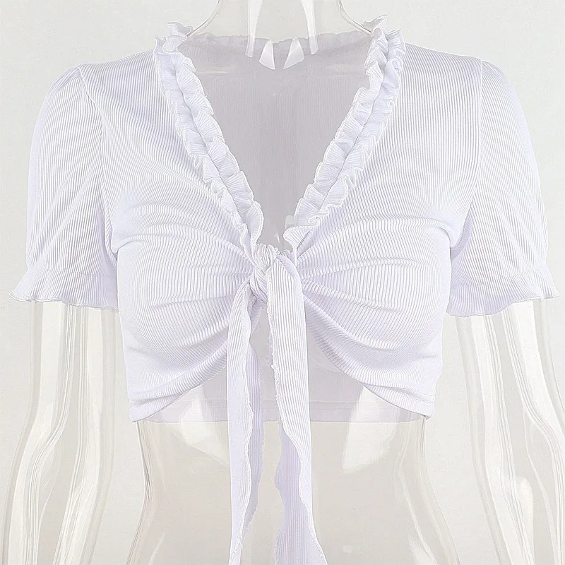

Women Solid Bow Tie Sexy Crop Tops 2021 Summer Fashion Female V Neck Ruffles Puff Short Sleeve Casual Blouse Shirt