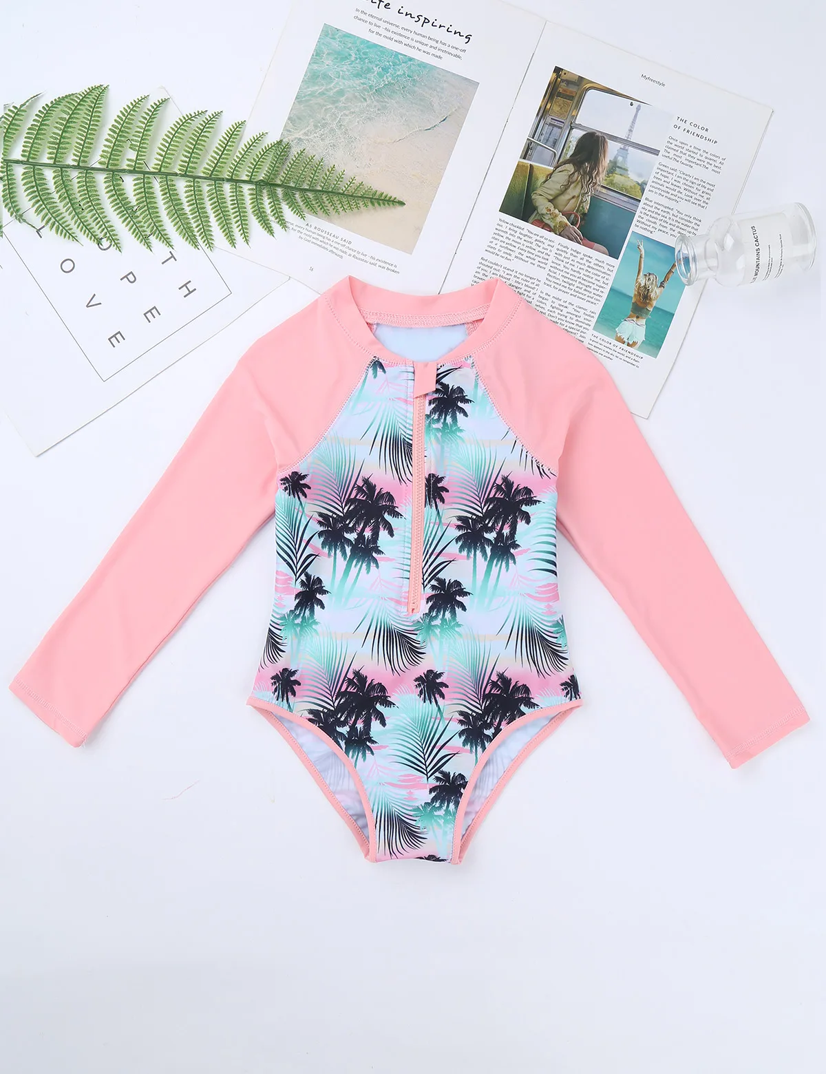 

Kids Girls Rash Guard Swimsuit Long Sleeves Palm Printed Zippered Swimsuit Swimwear One-piece Swimming Bathing Suit