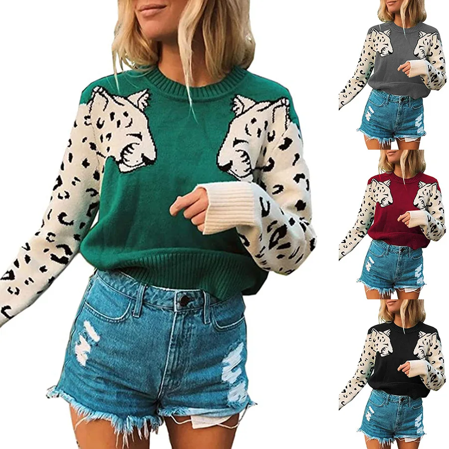 

Autumn and winter new women's knitted sweater leopard head printing long-sleeved round neck pullover fashion sweater