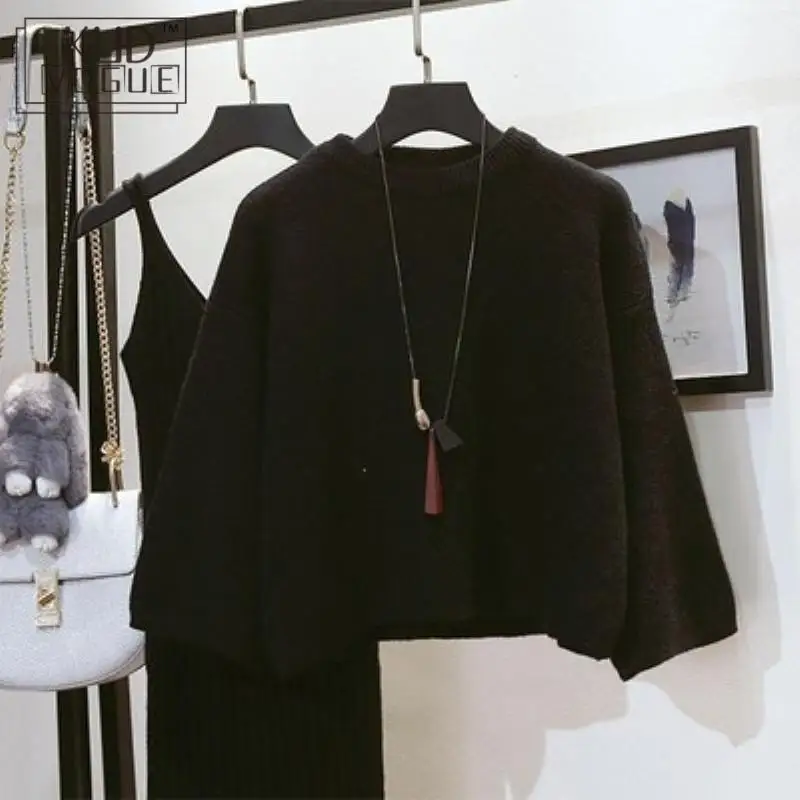 

Korean Autumn Lady Sweater + Knitted Sweater Dress Sets Solid Womens Clothing Two-pieces Suits Loose Sweater Sexy Winter Dresses
