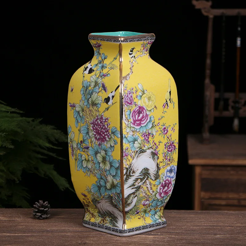 

34 см Настольная Ваза династии Qianlong Эмаль живопись квадратный цветочный и вазы птицы керамика антикварный фарфоровый сбор