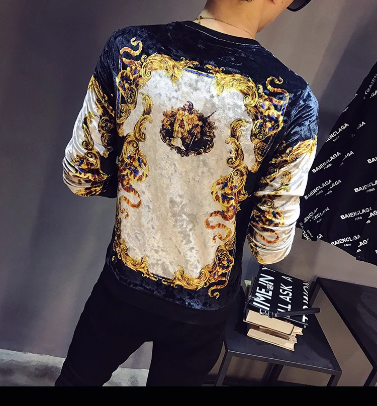Vintage T Shirts Men Printing T Shirt Homme Club Outfit Men Long Sleeve O Neck Velvet T Shirt Autumn Luxury Men T Shirt
