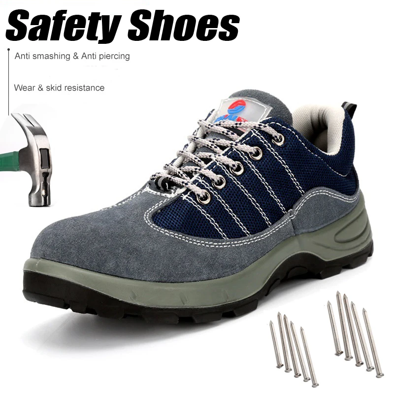 

Safety Shoes Mens Steel Toe Anti Smashing Puncture Proof Shoes Large Comfort Suede Leather Wear-resistant Oil-resistant Sneakers