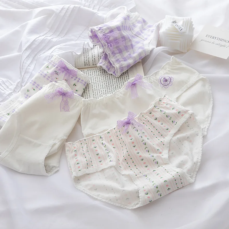 New 6pcs Teenage Purple Underpants Young Girl Briefs Comfortable Cotton Panties Plaid Kids Underwear | Детская одежда и обувь