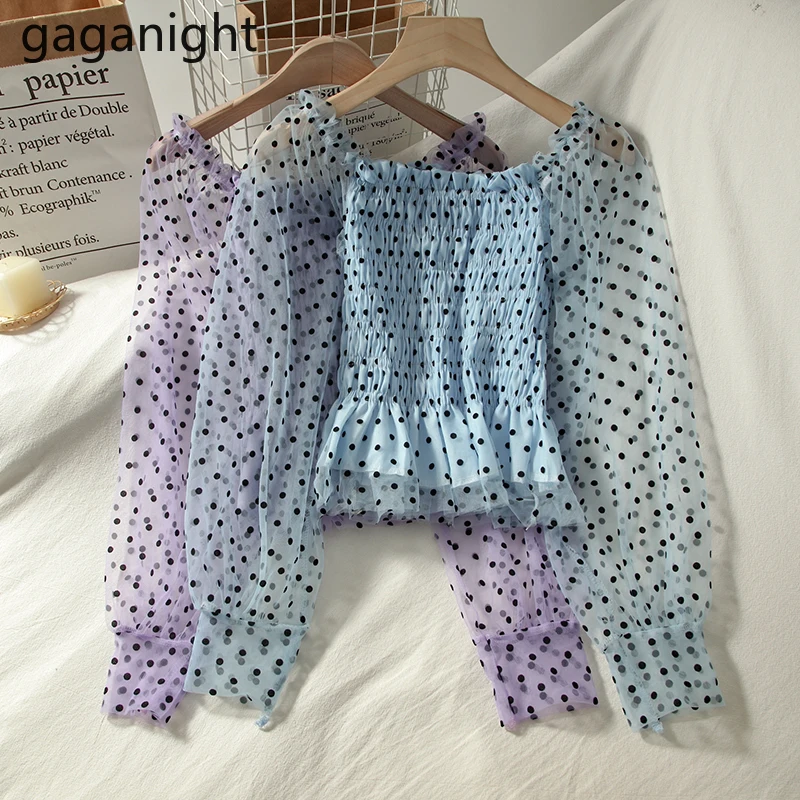 Gaganight пикантная женская блузка в горошек с длинным рукавом Укороченная рубашка