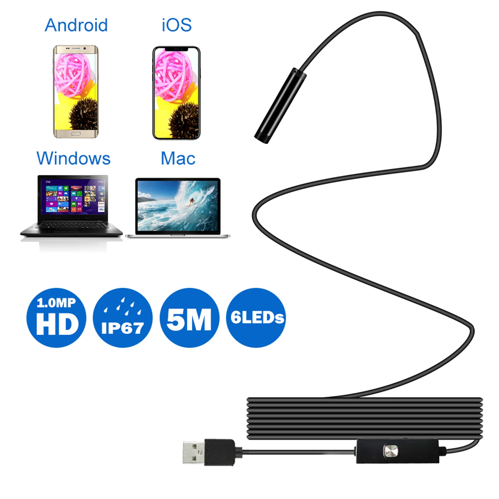 5 мм 6 светодиодный камера эндоскопа для IP67 Водонепроницаемый инспекциионный