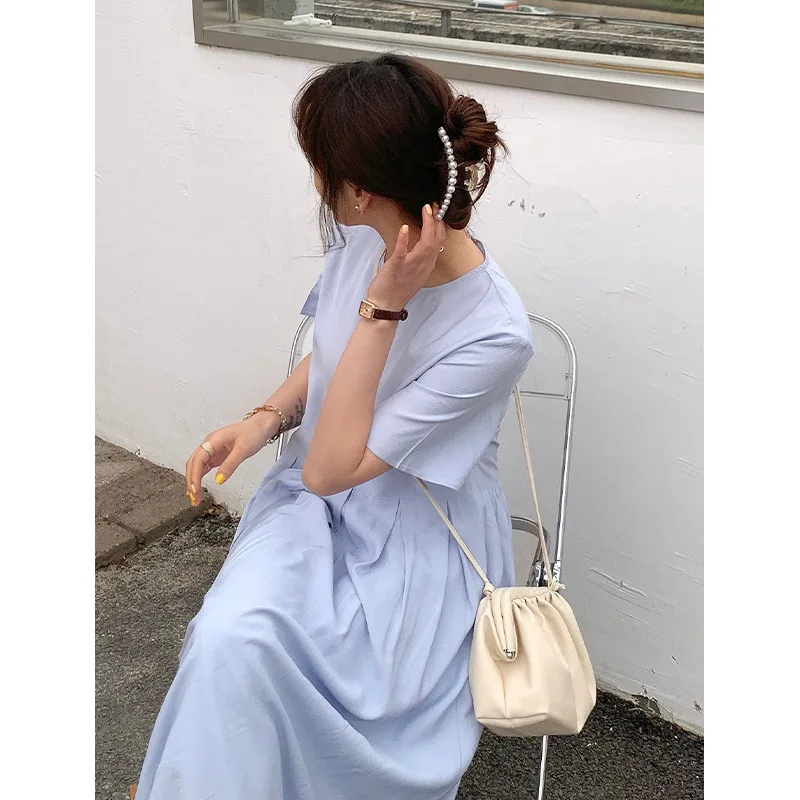 

TVVOVVIN Casual Female Dress 2021 Summer New Korean Simple Round Neck Short Sleeve Loose High Waist Mid-length Dress X4XH