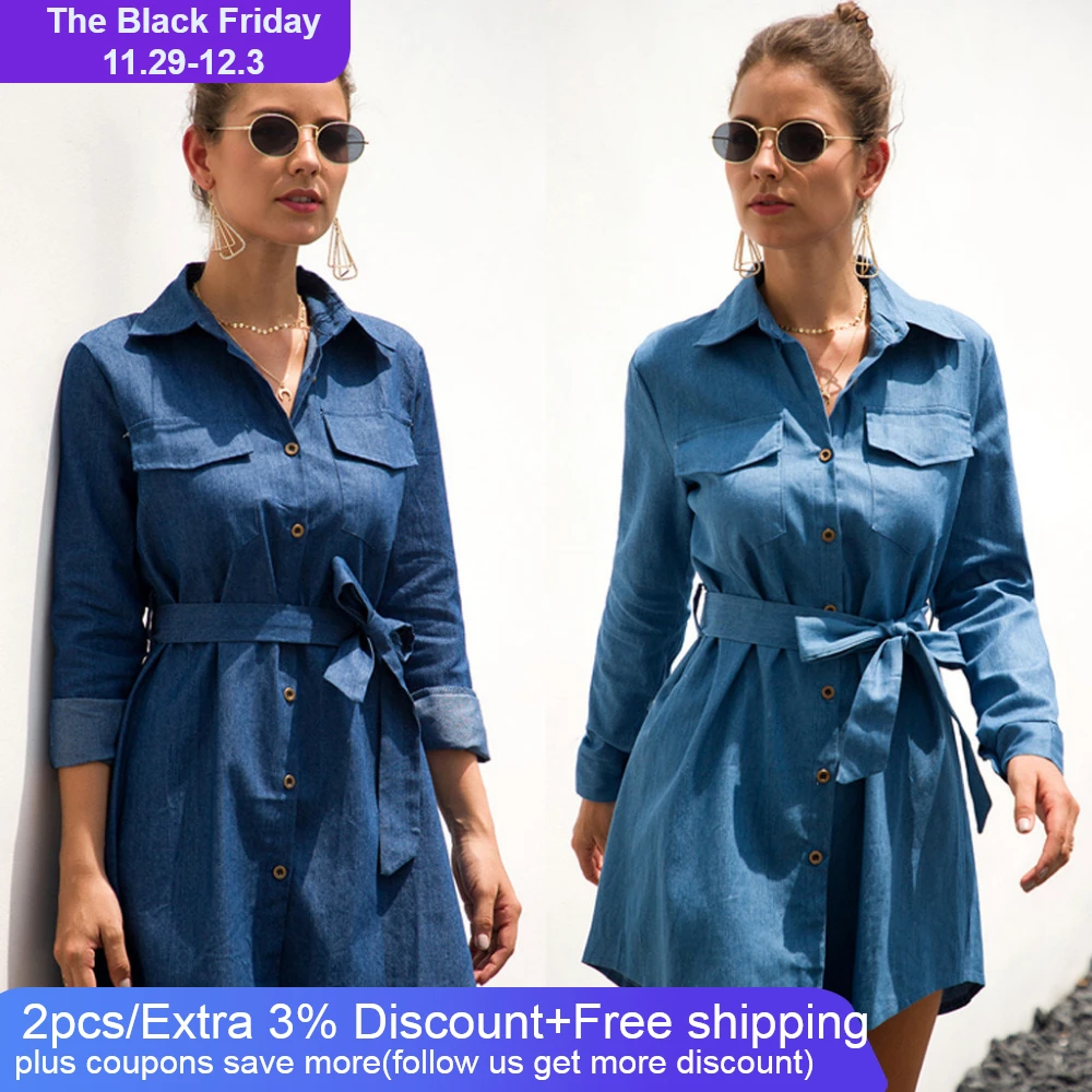 Модное женское платье синие джинсы джинсовая футболка с длинным рукавом