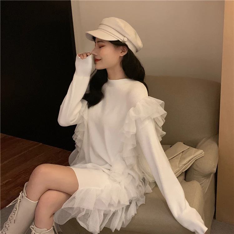 Новое модное женское повседневное свободное шерстяное вязаное платье с длинным