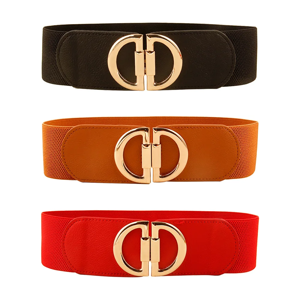 

Genuine Leather Women's Elastic Belt Female Waist Strap Cummerbund Retro D-shaped Double Buckle Wide Belts For Women Waistband