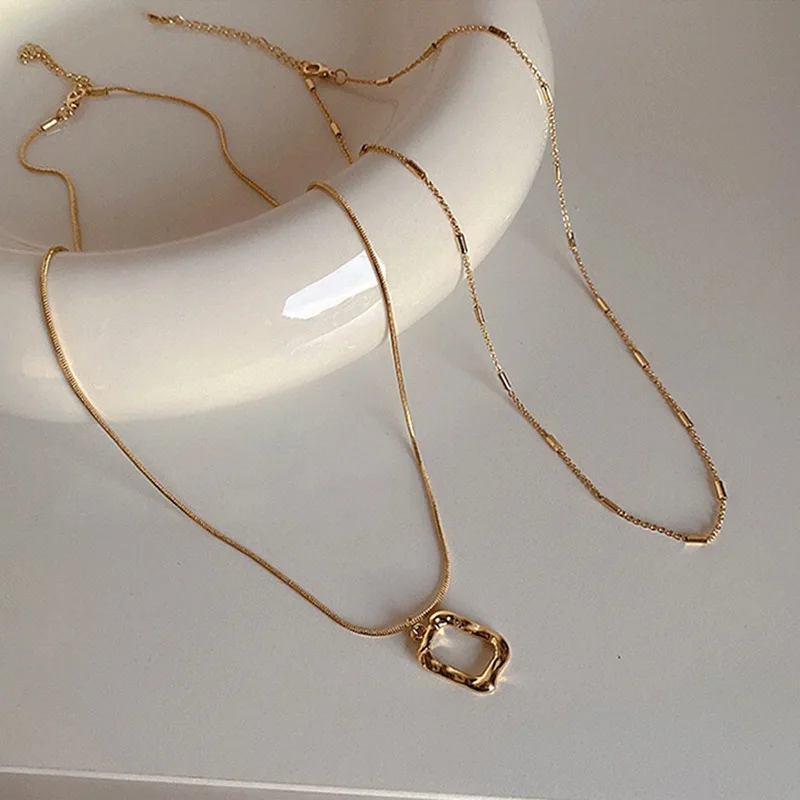 

Trendy Multilayer Heart Geometric Rectangle Pendant Necklace for Women Gold Multi-layer Chain Necklaces Choker Gifts Jewelry