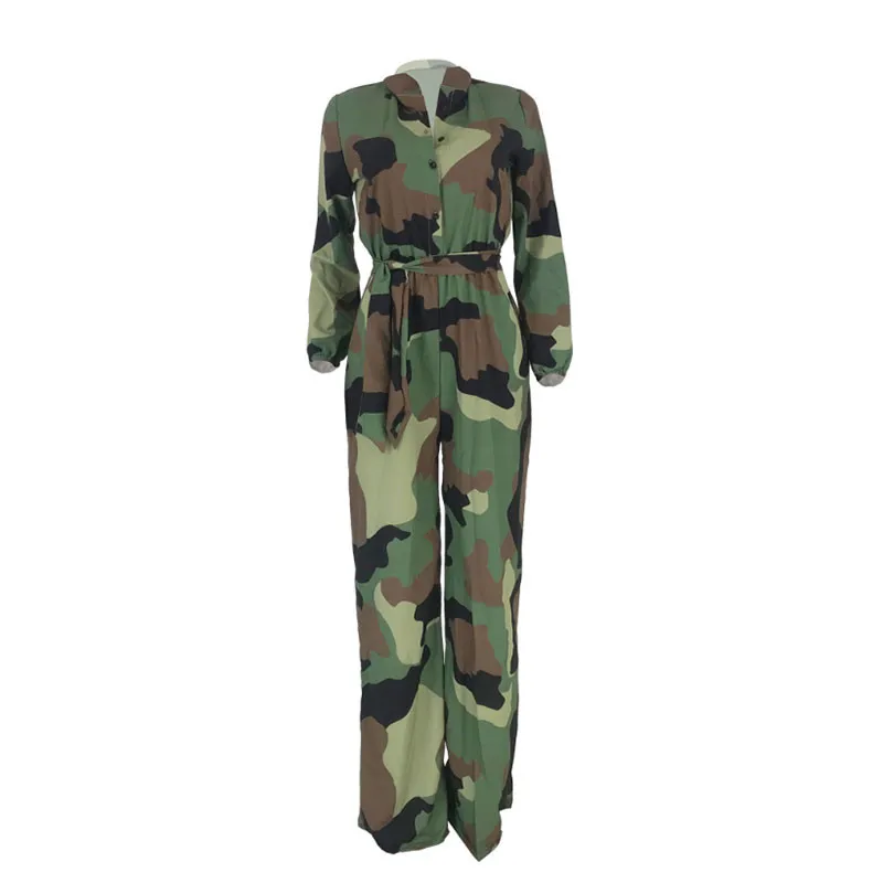 

2019 Summer Women Casual Loose V Neck Long Sleeve Button Camouflage Tie Camo Jumpsuit Romper Suit Clubwear