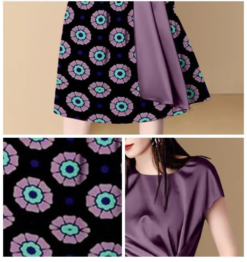 

European American Fashion Suit 2021 Summer New Purple Round Neck One Sleeve Lace Up Top, Printed Skirt Two Piece Set for Women