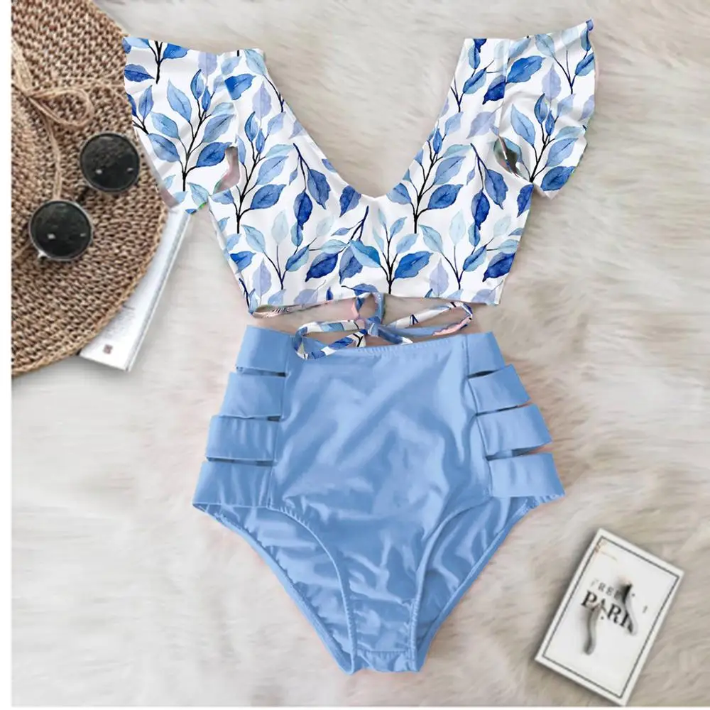 

2021 Print Swimwear Women High Waist Bikini Ruffle Swimsuit Push Up Bikinis Set Bathing Suit Beach wear Summer Biquini Female