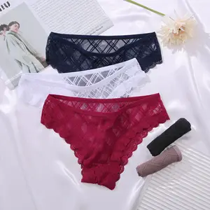 FINETOO Sexy Lingerie For Women Underwear Mesh Lace Mesh Female Briefs Plus Size 2XL Low Waist Panties Cotton Crotch Seamless
