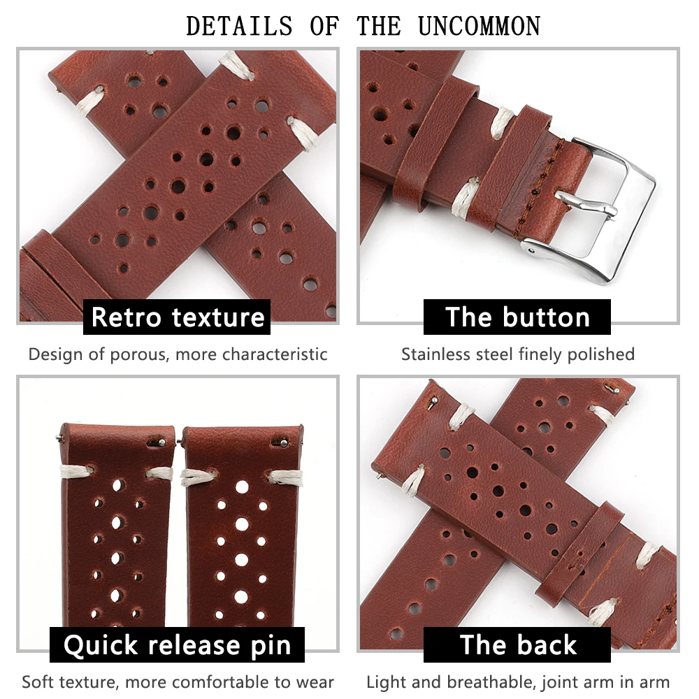 Retro Genuine Leather Watchband 18mm 20mm 22mm 24mm Calfskin Watch Straps Porous Breathable Handmade Stitching for Men