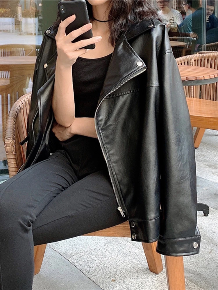 New Women Faux Leather Jacket Biker Black Coat Turn down Collar PU Motorcycle Jackets Loose Streetwear Outerwear Women's Coat
