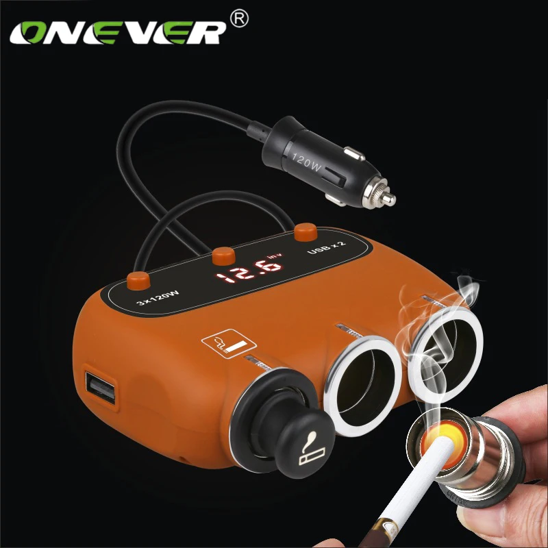 

Onever Car Cigarette Lighter Adapter 3-Socket Dual Smart USB Independent Switches Car Charger Sockets With LED Display Screen