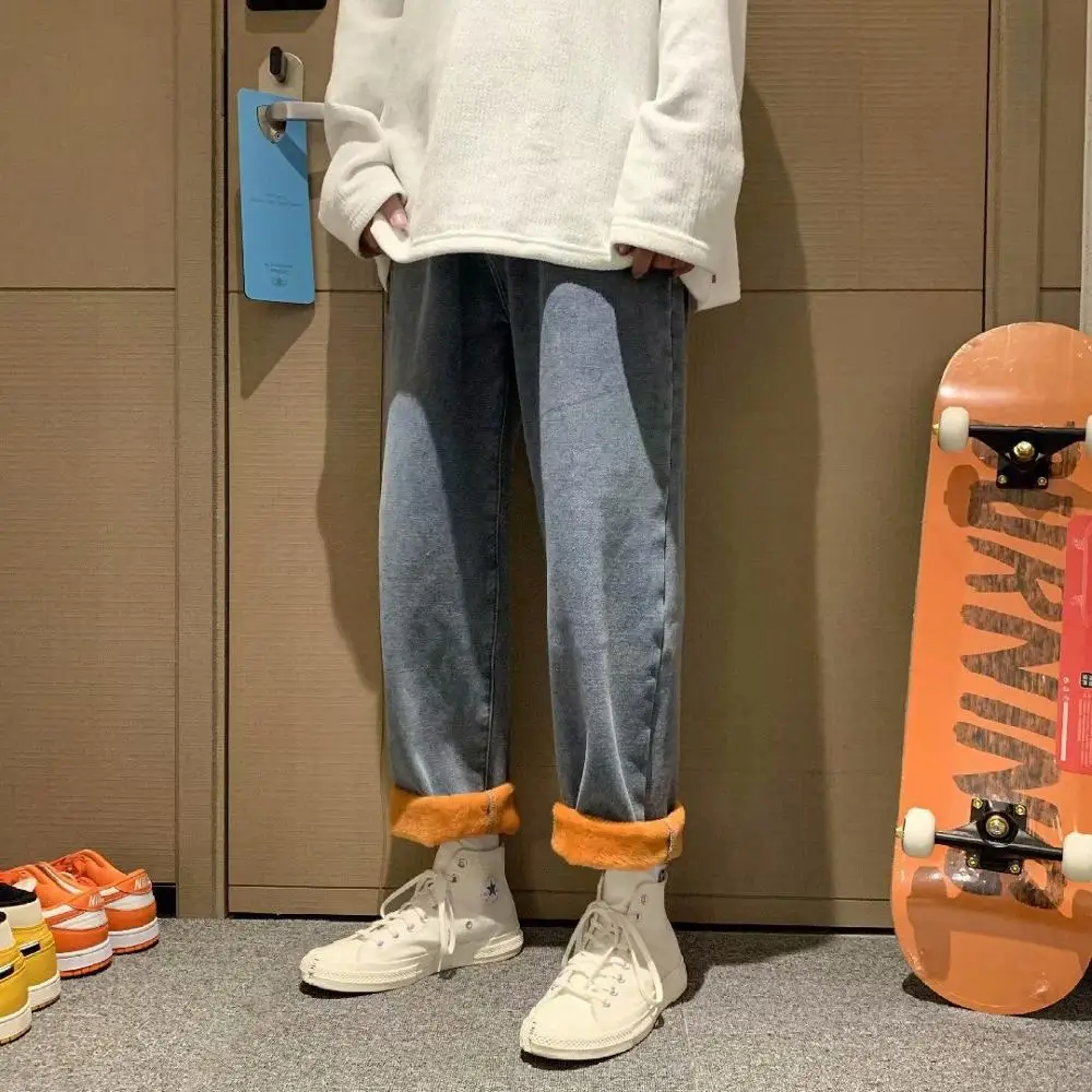 

Jeans Plush Thickening Men Casual Winter Autumn Youth Denim Trousers Korean Loose Straight Wide-Legged Streetwear New Fashion