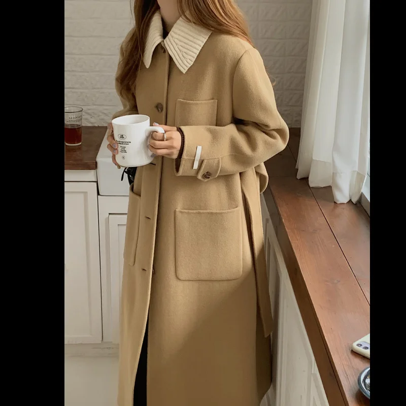 Женское шерстяное пальто свободное во французском стиле со шнуровкой на талии