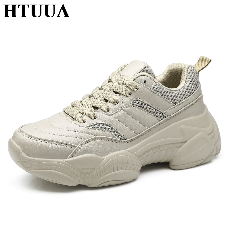 Женские кроссовки на платформе HTUUA белые повседневные кожаные массивной подошве