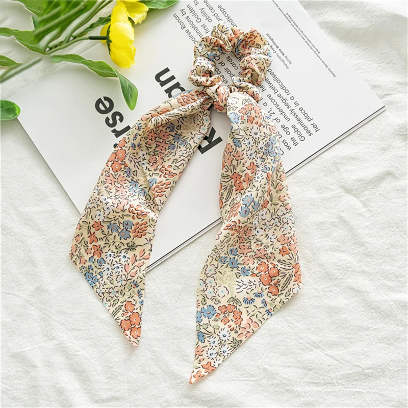 

Fashion Floral Printed Scrunchies Bow Long Hair Ribbons Women Girls Ponytail Holder Elastic Hair Bands Hair Tie Hair Accessories