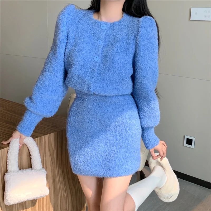 Nomikuma Women Two Pieces Outfits Long Sleeve Sweater Cardigan Coat + High Waist A-line Mini Skirt Korean Fashion 2022 New Sets |