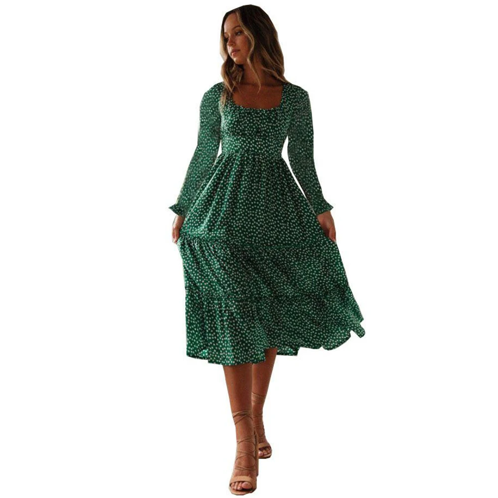 Women's Dress Fashion Women Polka Dot Print Bohemia Long Maxi Ruffles Sleeve Evening Party Summer Beach Sundress Q30 | Женская