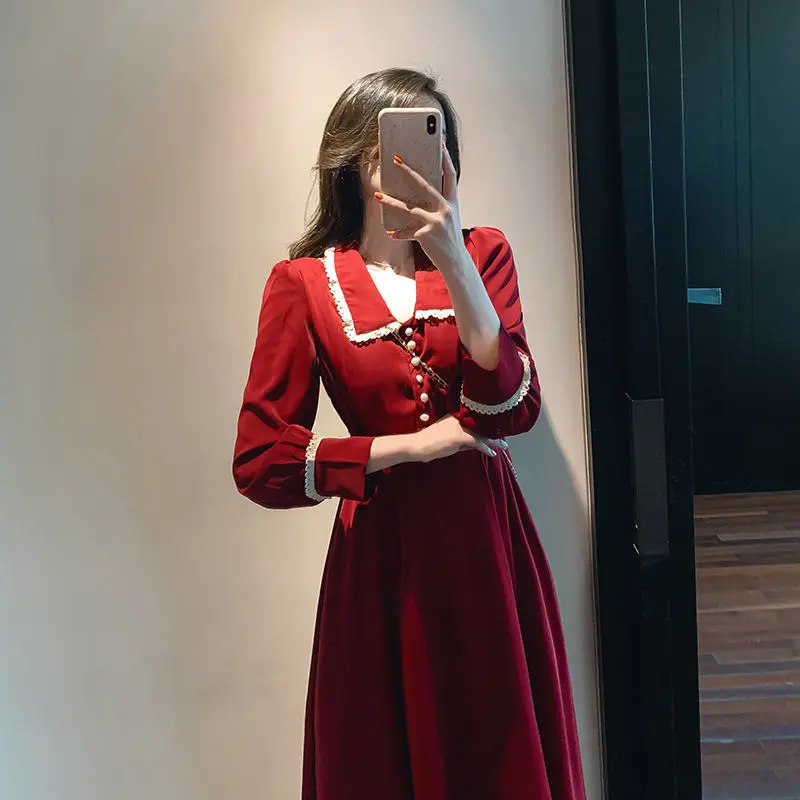 

Black/Red Turn-Down Collar Single Breasted Women Dress Vintage Long Sleeve Vestidos Elegant A-Line Robe Spring Summer 2021 New