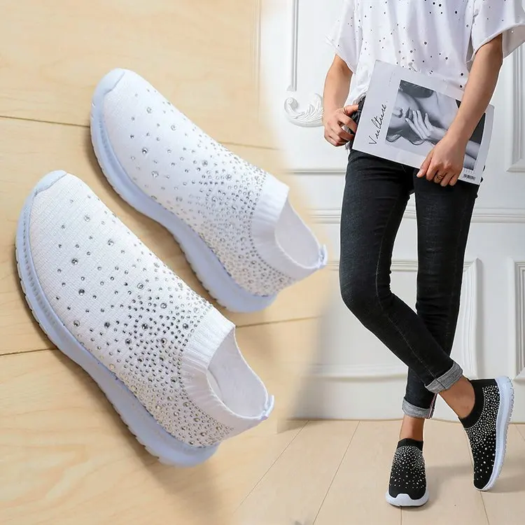 black women casual shoes 2019 sneakers fashion rhinestone breathable mesh platform white sport woman soft footwears | Обувь