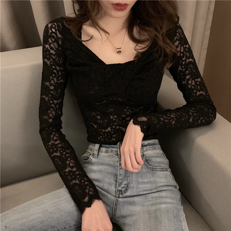 

GRUIICEEN Spring Summer New Vintage Elegant Crossover V-Neck Lace Slim Long Sleeve T-shirt Womens
